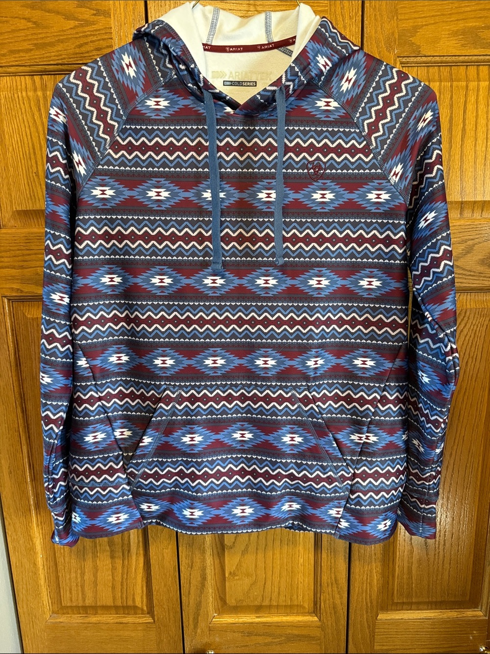 Ariat Blue & Burgundy Aztec-Pattern Hooded Pullover-Large